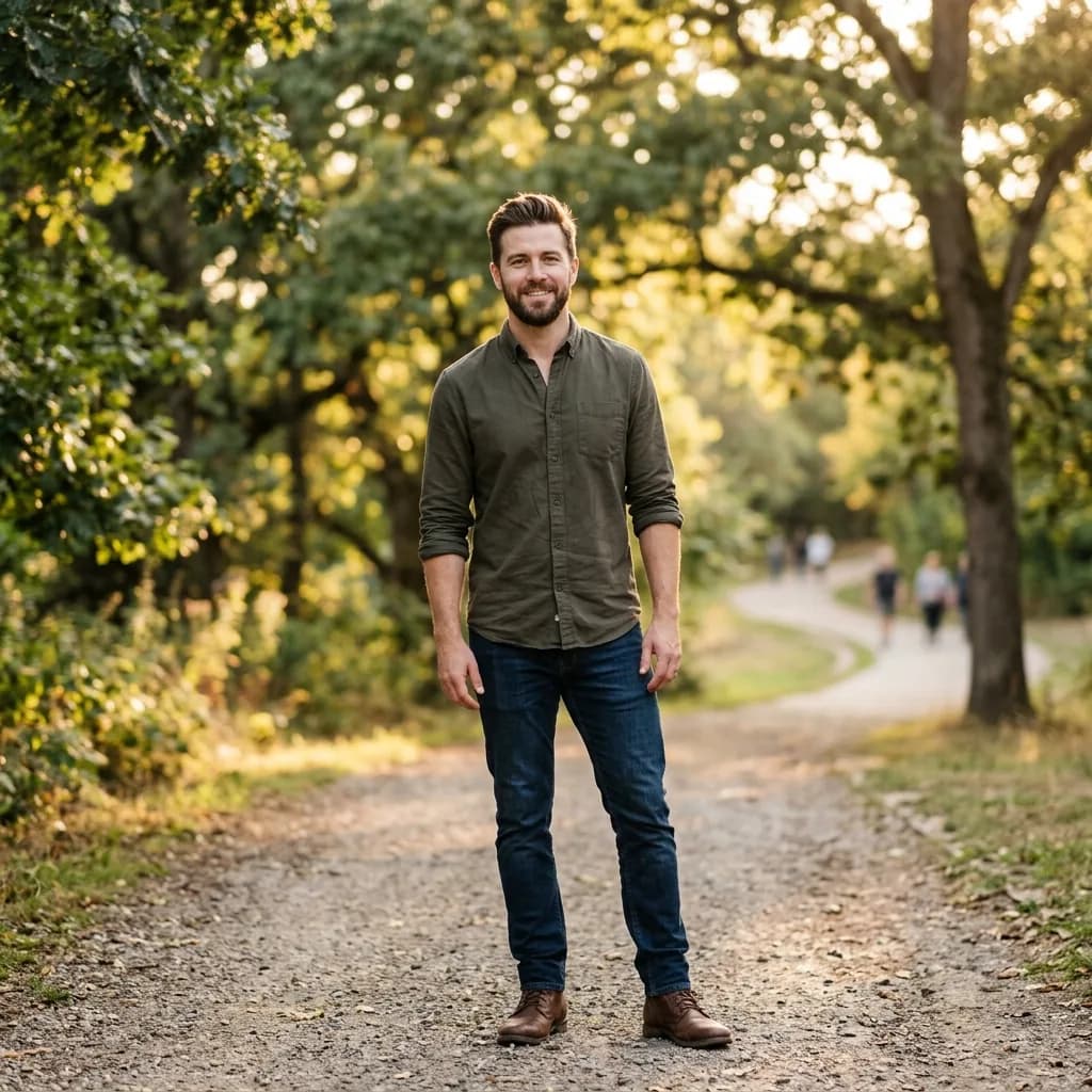 Confident man taking a casual dating profile photo in a natural outdoor setting Confident man taking a casual dating profile photo in a natural outdoor setting