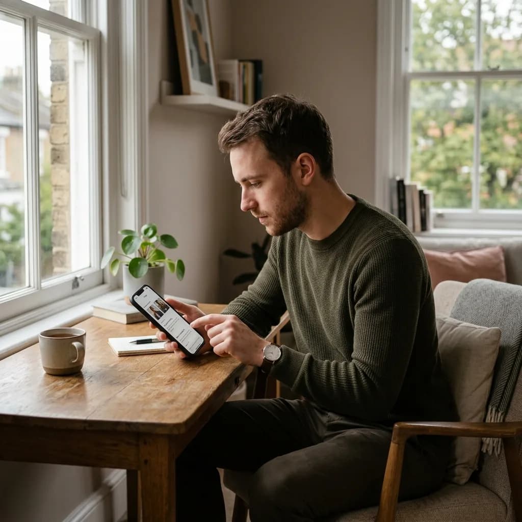 Tinder Bio Ideas for Introverted Men Introverted man thoughtfully editing his dating profile on smartphone in calm indoor setting