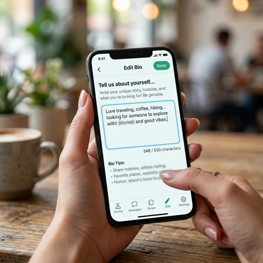 Phone screen showing dating profile bio editing interface Phone screen showing dating profile bio editing interface